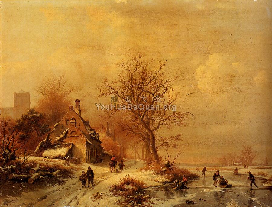 Figures In A Frozen Winter Landscape - 弗雷德里克·马里亚努斯·克鲁斯曼